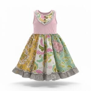 Mustard Pie Girls Patchwork Dress Size 3T Pink Ruffle Hem Sleeveless Boutique